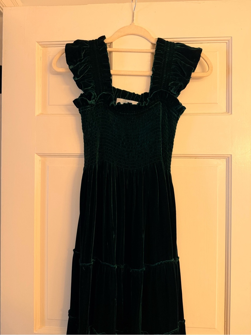 Hill House Dark Green Velvet Ruffle Strap Dress